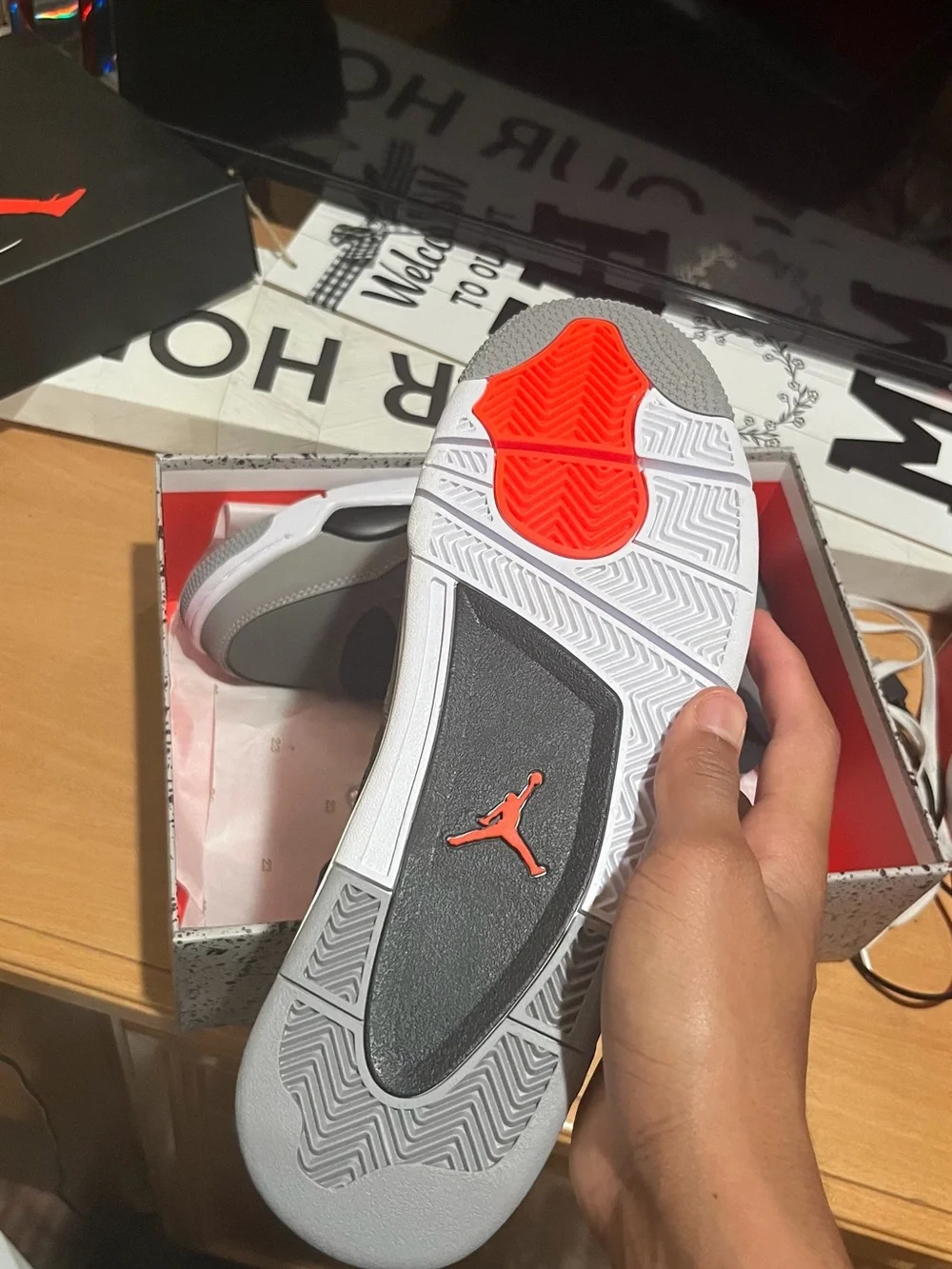 Jordan Retro 4 Sneakers in Grey, Black & Red Accent